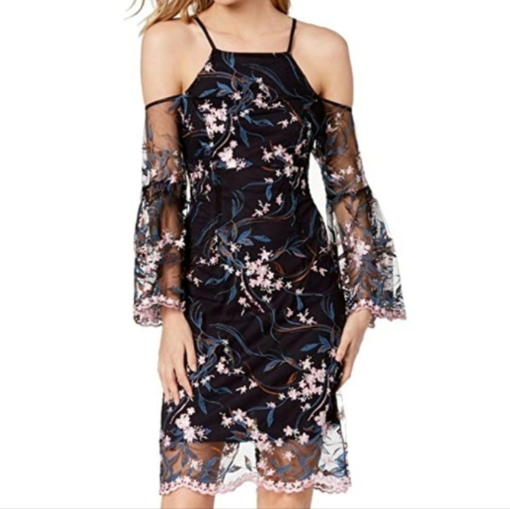 Nanette Lepore Black Floral Mesh Embroidered Midi Dress Cut Out Back 6 New